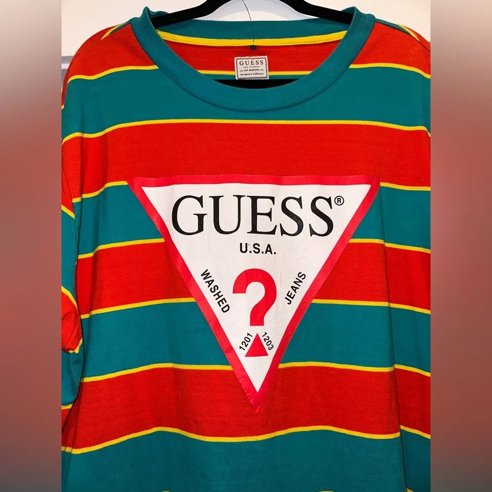 EUC Vintage Guess Size XL Men's Colorful Striped Tee in Red and Teal - Picture 5 of 11